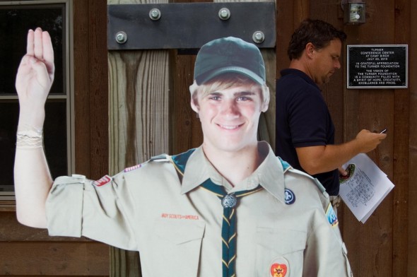 A cardboard recruit proudly supports the newly dedicated Camp Birch facility (photo by Aaron Zaremsky)