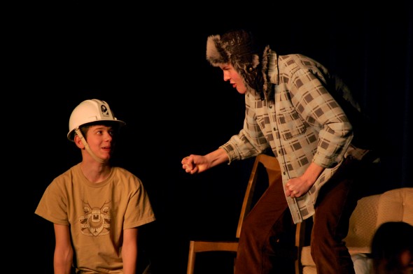 Josh Seitz and Elliott Cromer enage in zany antics during the YSHS One Acts (photo by Aaron Zaremsky)