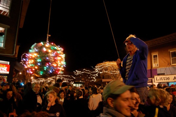 Lance Rudegeair ushers in the new year at the Yellow Springs ball drop (photo by Aaron Zaremsky)