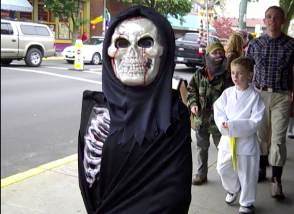 A bloody skeleton, a yellow belt and Fidel Castro could all be seen downtown yesterday.