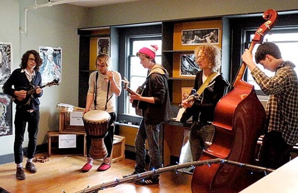Local band Wheels, here performing at Toxic Beauty Records on National Record Store Day in April, recently released a seven-inch vinyl single through Toxic Beauty’s new record label. From left are band members Sam Salazar, Jaime Scott, Rory Papania, Conor Stratton and Sam Crawford. (Submitted photo by Toxic Beauty Records)