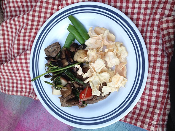 Picnic plate with lamb kabob, mushrooms, and sweet potato chips