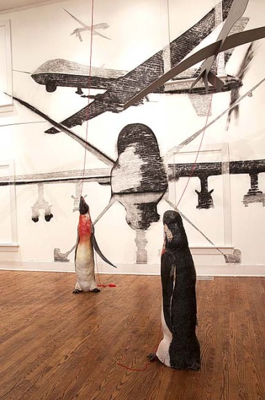 Two pieces of a complimentary installation by war veterans Aaron Hughes and Ash Kyrie tell a compelling story about the use of drones in the “Coming Home” exhibit at the Herndon Gallery. submitted photo by Dennie Eagleson Two pieces of a complimentary installation by war veterans Aaron Hughes and Ash Kyrie tell a compelling story about the use of drones in the “Coming Home” exhibit at the Herndon Gallery. (Submitted photo by Dennie Eagleson)