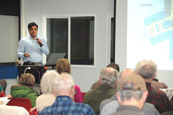 About 75 people attended an informational community forum, presented by the Yellow Springs Schools district Thursday, March 1, in the high school cafeteria, concerning replacement and renovation plans at the middle/high school facility on East Enon Road. Shown is Superintendent Mario Basora presenting the plan. (Photo by Carol Simmons)