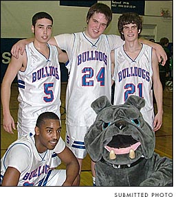 YSHS senior basketball players, left to right, Raphael Allen, Tyler Fox, Joe Fugate and Kevin Sikes-Gilbert were honored during the last season game against Bethel, which the boys won 65–54 on Saturday. In Metro Buckeye Conference honors, Ryan Newsome was selected=