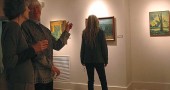 Saturday night’s opening reception of “Robert Whitmore: A Devoted Sense of Place” at the Antioch College Herndon Gallery. Shown are Kay Kendall with Sue Parker; in the background is Ali Thomas.