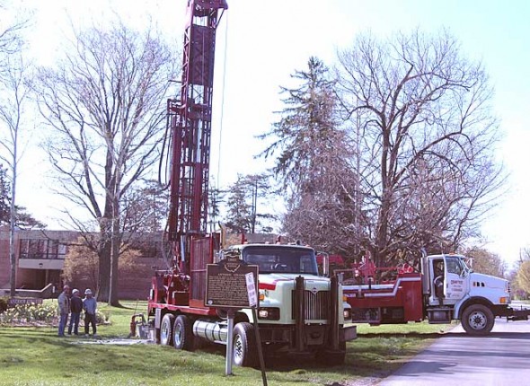 Drilling on the front lawn of the Antioch College to determine the feasibility of using geothermal heating