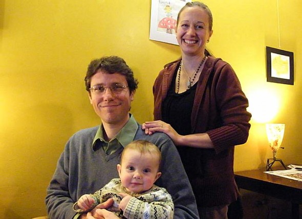 Author and Central State professor Jayson Iwen and yoga teacher Jovana Bouche Iwen are new residents of Yellow Springs. They’re shown with their son, Marlow. (Photo by Brooke Bryan) 