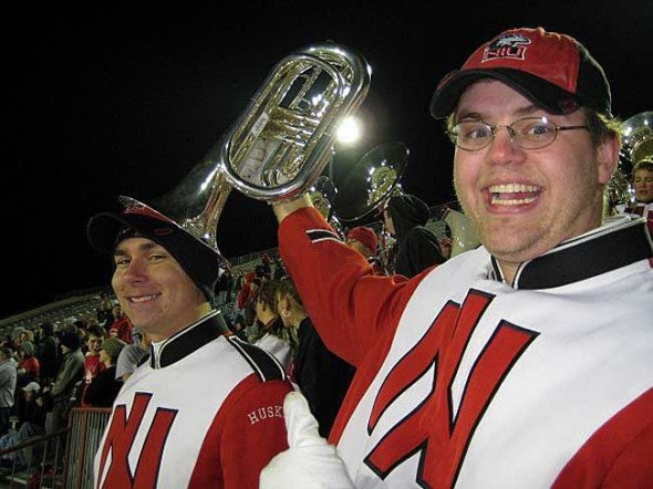 Yellow Springs native Brian Mayer, right, and his classmate Dan Mueller from Northern Illinois University played together in the school’s pep band. They will join their fellow graduates from NIU in a benefit horn, piano and vocal concert at the -First Presbyterian Church on Saturday, June 26, at 7:30 p.m. (Submitted photo)