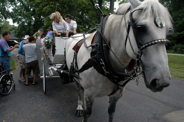 A resident hops on for a carriage ride around the block. (Photo by Megan Bachman)