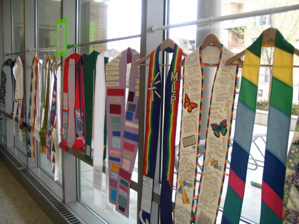 This weekend the First Presbyterian Church will display 50 liturgial stoles of gay, lesbian, bisexual and transgender clergy members from around the country, many of whom have been kept from serving due to their sexual orientation. (Submitted photo from a 2007 exhibit in in Chicago)