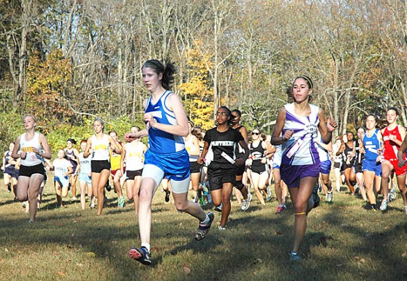 Lois Miller led a field of 146 runners at the John Bryan Invitational on Tuesday. She won the race 50 seconds ahead of the second place finisher. (Photo by Megan Bachman)