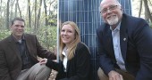 From left, Scott Lindstrom, Shannon Lindstrom and Paul Wren launched their new company, Yellow Springs Renewable Energy, at a public forum last month. The local company, here with a solar photovoltaic panel, aims to provide residential, commercial and village-scale solar power.
