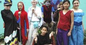 Playing the lead actors in Aladdin, the Antioch School musical next weekend will be, from left, Sophie Schellhammer, Jorie Sieck, Saskia Brogan, Jesse Beard, Landon Rhoads (in back), Ella Comerford, Olivia Brintlinger-Conn and Samantha Bold. In front is Eli Jones. The play will be presented Friday, May 20 at 7 p.m. and Saturday, May 21 at 1 p.m. at the Clifton Opera House. (Photo by Diane Chiddister)
