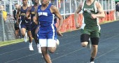 Senior Mario Cosey sprinted to second place in the 100-meter dash at regionals last weekend, propelling him to his second state appearance. Here Cosey wins last month’s Bulldog Invitational. (Photo by Lauren Heaton)