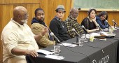 Panelists at the Antioch College MLK Day panel on diversity issues at the college were, from left, Maceo Cofield, ’71; Devon Berry, ’99; Shelby Chestnut, ’05, moderator Prexy Nesbitt, ’67; Nargees Jumahum, ’15; and Robin Henry, ’81. About 100 students, staff and townspeople attended the event in McGregor 113. (Submitted photo by Dennie Eagleson)