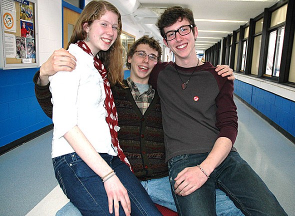 The Yellow Springs High School One-Acts, featuring student-written and student-directed plays, will be held at 8 p.m. on Friday, Feb. 17, at the Mills Lawn auditorium. This year’s playwrights of original one-acts are, from left, Lois Miller, Colton Pitstick and Rory Papania. This year, the plays will be supplemented with a variety show. (Photo by Megan Bachman)