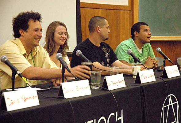 At the “Antioch Today” panel at this weekend’s Antioch College alumni reunion, students, staff and faculty reflected on the trials and triumphs of college life in the middle of the revived school’s first academic year. From left, are Assistant Professor of Philosophy Lewis Trelawny-Cassity, student Maya Lundgren, Resident Life Manager Randle Charles and student Guy Matthews. (Photo by Megan Bachman)