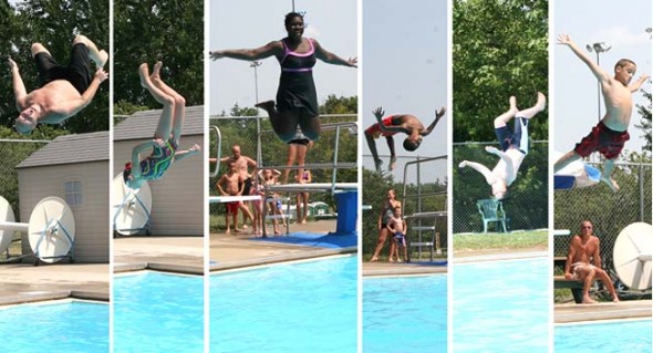 Summer-saults: Even though the temperature rose to a lethargy-inducing 96° last Thursday, July 5, jumpers rose to the occasion to show off for the camera at Gaunt Park pool’s deep end. Pool officials cited heavy use during the heat, and a record attendance that Friday. (Photos by Suzanne Ehalt)