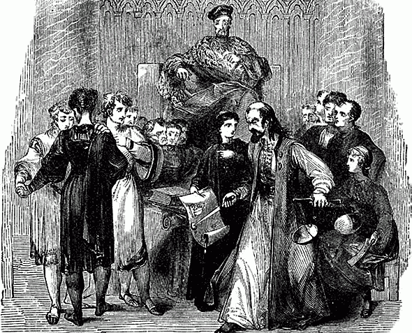 Engraving of Shakespeare's comedy "The Merchant of Venice"