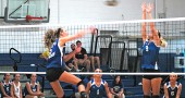 Senior Emma Peifer slammed an ace at the Greenon side during the Yellow Springs High School girls varsity volleyball team’s 25–18, 25–18 stomping of the visitors. The Lady Bulldogs started their season 3–0. (photo by Megan Bachman)