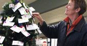 The annual Share the Joy holiday gift-giving tree is going up soon at the YS Community Library. Pictured is Debbie Henderson, tending the 2012 Share the Joy tree. (Photo by Jeff Simons)