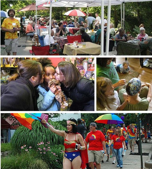 “Yellow Springs moments,” those times especially rich in community feeling, this year included, from top clockwise, the Davis Street block party in August; Ashlea and Hailey Roe painted “head art” on Susan Gartner; Melissa Heston led the Yellow Springs Pride parade in July; and  during last February’s public art performance “The Kiss,” Corinne Totty received kisses from her mother, Tamar Totty, and grandmother, Kipra Heerman. (Photos by susan gartner except bottom, from the News archives by Lauren Heaton)