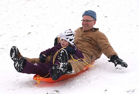 Cold temperatures and more snow have kept Gaunt Park hill ready for sledders, and a steady stream of local kids and families have taken part. (Photos by Suzanne Szempruch)