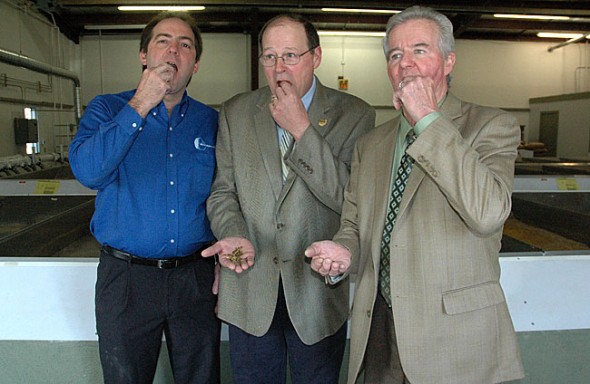 Enviroflight's Glen Courtright, ODA Director David Daniels and state veterinarian Tony Forshey had a mid-morning bug snack. 