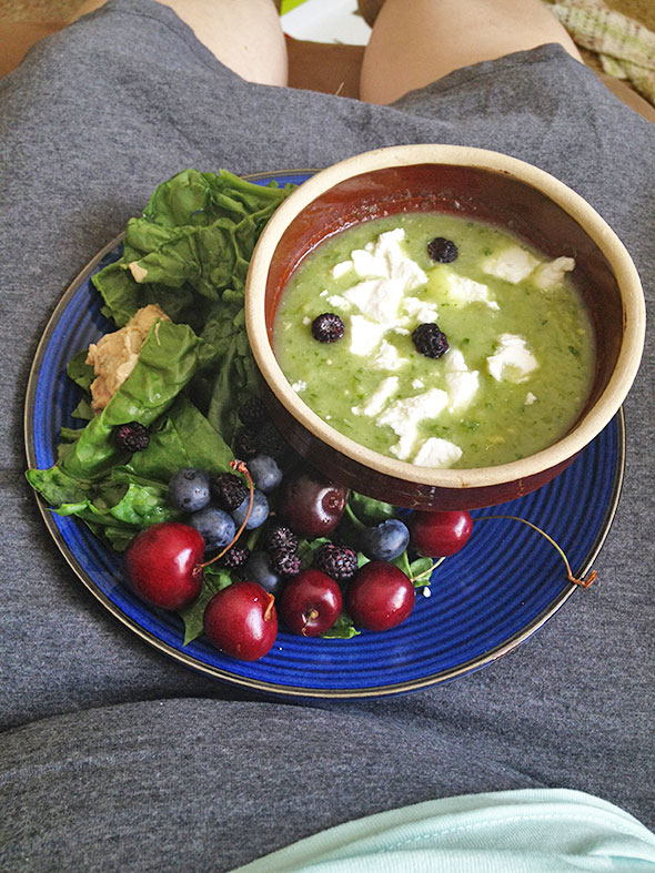 lunch with cucumber soup, berries, and spinach