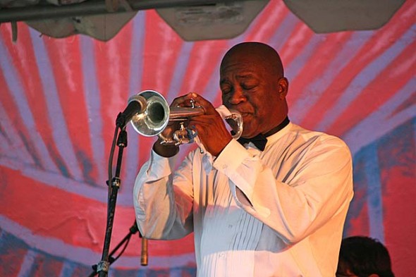 Dean Simms of Springfield will bring his band and impersonation of Louis Armstrong to this year’s AACW Blues, Jazz and Gospel Fest, which takes place next weekend at the Antioch College amphitheatre. Simms, who will appear next Friday, Aug. 23, is shown at the 2012 Blues Fest. (photo by Suzanne Szempruch)