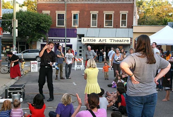 The celebration of the newly renovated and reopened Little Art Theatre last Saturday included Tony the juggler, who charmed an audience of small and big kids alike. (Photos by Suzanne Szempruch)