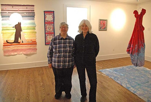 This year the 35th annual Women’s Voices Out Loud performance and art exhibit will take place at the Herndon Gallery at Antioch College, at 7 p.m. Saturday, March 8. Shown are co-organizer Laurie Dreamspinner, left, and Antioch’s Herndon Gallery Creative Director Dennie Eagleson. (Photo by Megan Bachman)