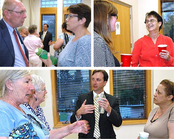 About 100 villagers attended last Thursday’s candidate forum at Bryan Center, where the three manager finalists answered questions formally to an audience, and then informally at a reception. Shown above at the reception are, clockwise from top left, candidate Bob Kellogg and Dawn Johnson; Rose Pelzl and candidate Patti Bates; and from left, Peggy Koebernick, Sandy Love, candidate Dave Elmer and Chrissy Cruz. Village Council will announce its decision at its June 2 meeting. (Photos by Diane Chiddister)