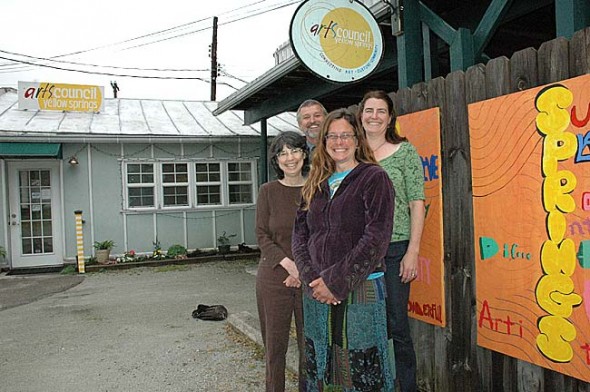 Yellow Springs Arts Council Board President Jerome Borchers, top left, is shown with the group’s part-time employees, clockwise from top right, Holly Underwood, Lara Bauer and Nancy Mellon. Since the Morgan Foundation last year cut back on funding, the arts group is finding new ways to sustain itself, including an online fundraising effort to pay rent for its gallery. (Photo by Diane Chiddister)