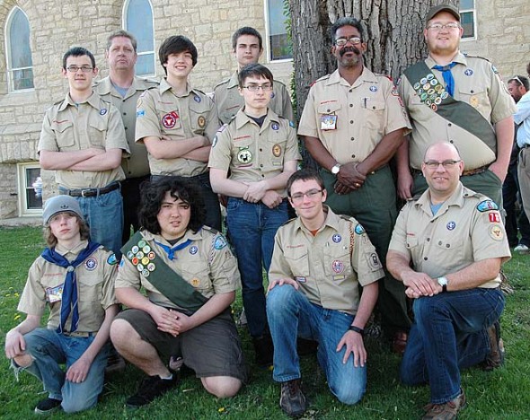 The local Boy Scout Troop 78 celebrated its 75th anniversary last week with a potluck at John Bryan day lodge for current and former scouts. Pictured in front of the First Presbyterian Church where the troop meets each month are current officers and scout masters, including, back row, from left, Andrew Kraus, Paul Evans, Nathan Hardman, Alex Kraus, Thomas Cunningham, Brian Upchurch and William Evans. In front from left are William Gray, Weymar Osborne, Lake Miller and Mike Miller. (photo by Lauren Heaton)
