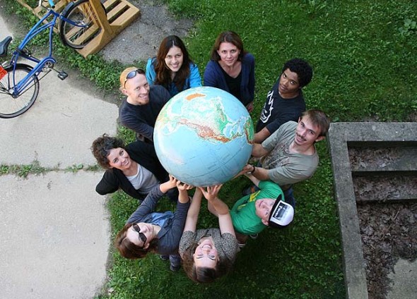 Participants in the recent Antioch College global seminar on water surround the globe because the earth is made up of mostly water. Begining at 12 o’clock going clockwise, Antioch College faculty member Robin Littell, Julian Smith ‘16, Alex Rolland ‘17, Sam Stewart ‘17, Shannon Hart ‘17, Rian Lawrence ‘17, faculty member Brooke Bryan, David Schopmeyer ‘16 and faculty and project leader Flauia Sancier. The community is invited to student presentations this Saturday, Sept. 13, from 9 a.m. to 12:30 at McGregor Hall. (Photo by Suzanne Szempruch)