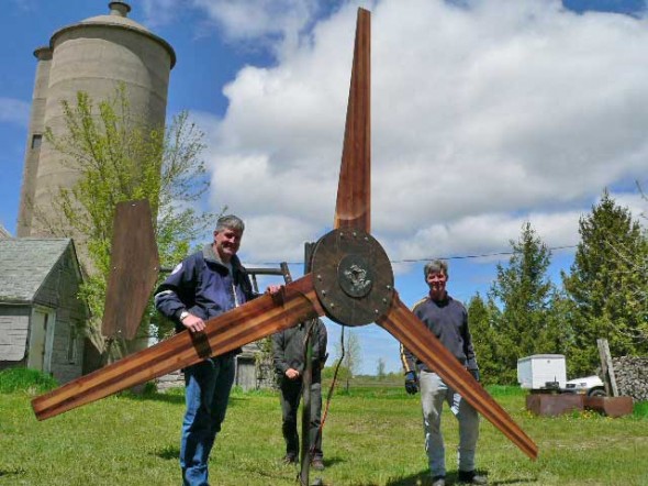 Dan Bartmann and Dan Fink, co-authors of Homebrew Wind Power: A hands-on guide to harnessing the wind,  with one of their wind turbines. Bartmann is offering a 5-day workshop at Antioch College to teach people how to build their own. (submitted photo)