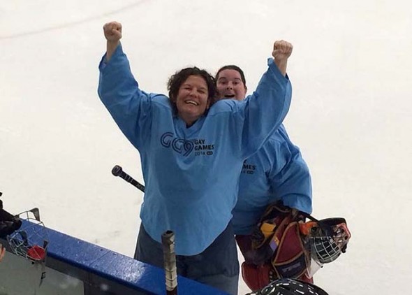 Villager Delaine Adkins, shown here with teammate Marianne Dorman, brought home a gold medal for intermediate hockey from the August 2014 Gay Games, held in Cleveland. (Submitted photo)