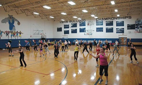 This year’s annual Zumbathon fundraiser will take place on Saturday, Jan. 3, from 10 a.m. to noon at the Mills Lawn gym. The event will raise funds for the MLS project-based learning. Shown above is the 2011 fundraiser. (News archive photo by Megan Bachman)