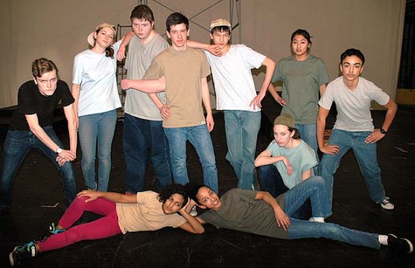 The Jets of “West Side Story” perform an energetic self promoting number, starring from left, Duard Headley, Meredith Rowe, Bear Wright, Josh Seitz as Riff, Jonah Trillana, Ursula Kremer, Christina Brewer,   David Walker, and in front, Sumayah Chappelle and Zoe Williams. The show opens this weekend at the Antioch College Foundry Theater. 