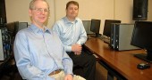 Tim Barhorst, left, chair of the Springs-Net nonprofit and Thor Sage of the Miami Valley Educational Computer Association, or MVECA, are among the organizers of the Fiber Forum, to take place Saturday, April 25, beginning at 9 a.m. at MVECA on East Enon Road. (Photo by Carol Simmons)