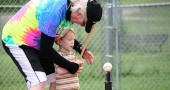 The Perry League T-ball gang has two weeks left of play this summer — this Friday, July 31 at 6:30 p.m. and Friday, Aug. 7, the annual grande finale event, both at Gaunt Park. Shown here at a recent game are Coach Jimmy and Corbin Hyatt. (Photo by Suzanne Szempruch)