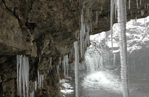 Hanging around, chillin’: A late morning journey out into winter’s finest finds the cascades in Glen Helen bejeweled with icicles underneath the limestone cliff overhangs. The water still roared in the background, diffused by snow squalls, casting an almost timeless, prehistoric atmosphere over the entire scene. (Photos by Robert Hasek)