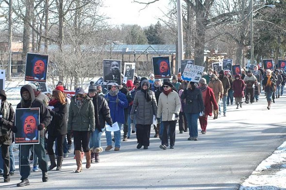 The 2016 MLK Jr. march started out in frigid conditions with fewer than usual marchers. But the following celebration at the Central Chapel AME church warmed up significantly. (Photo by Matt Minde)