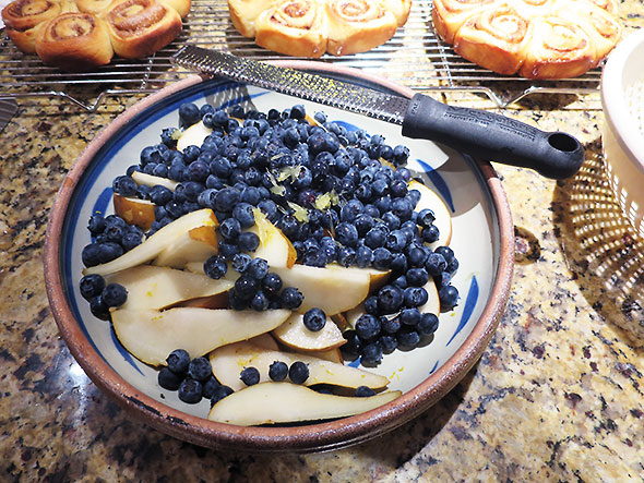 making Pear Plum Blueberry Pie