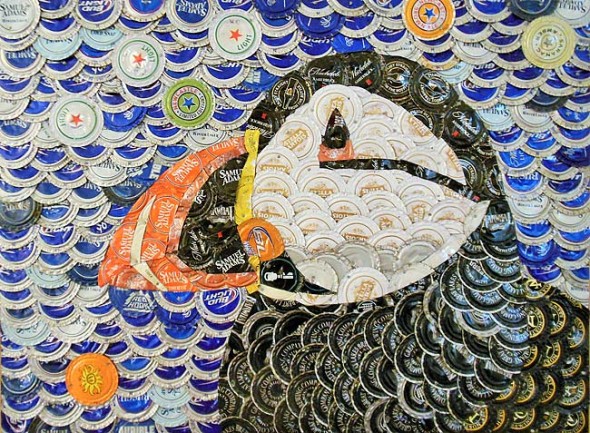Artist John Taylor-Lehman uses beer caps to create colorful, mosaic-like works. The Zanesville resident began experimenting with the material about five years ago in an effort to produce something distinctively his own. His beer cap art is on display at the Yellow Springs Brewery through Feb. 28, with an artist’s reception this Friday, Feb. 12, from 6 to 8 p.m. (Submitted photo)