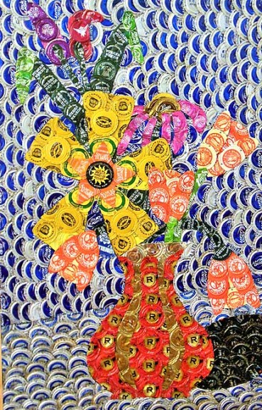The beer bottle cap art of John Taylor-Lehman is on display at the Yellow Springs Brewery, with an opening reception this Friday, Feb. 12, from 6 to 8 p.m.