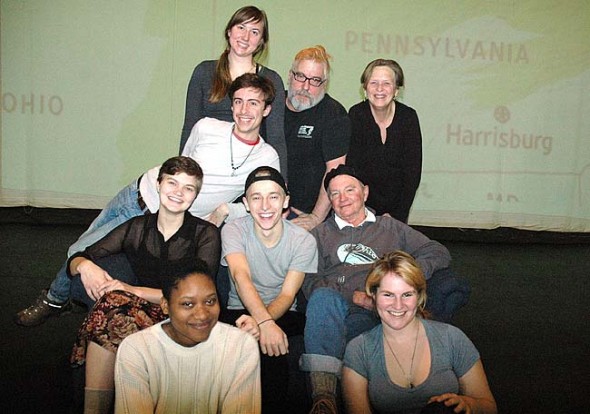 A workshop on theater improvisation and civic engagement will take place this Saturday, Feb. 13, at the Antioch College Foundry Theater from 1 to 4 p.m., led by members of The Talking Band theater company of New York City. The event is part of a monthlong project that includes the March presentation of the play “Marcellus Shale,” about the effects of fracking on a community. Shown here are cast members, from left to right, front row: Ida Lease Cummings, Parker Phelan; center row: Selena Wilkinson, Cole Gentry, John Fleming; Third row: Sean Allen; Back row: Hannah Priscilla Craig, Michael Casselli, Louise Smith. (Photo by Diane Chiddister)