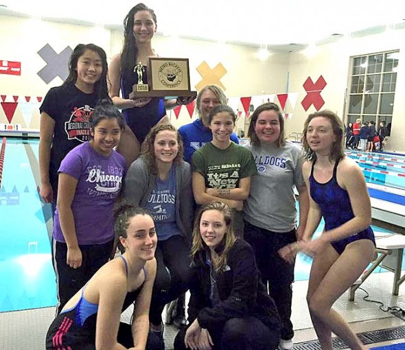 The Lady Bulldogs swam to glory at the Metro Buckeye Conference on Feb. 6, capturing the conference title and YSHS’s first-ever win of the women’s trophy. Pictured front row, left to right: Hannah Morrison and Elle Peifer. Middle row, left to right: Sara Zendlovitz, Olivia Chick, Jude Meekin, Amelia Gray and Charlotte Walkey. Back row, left to right: Olivia Brintlinger-Conn, Eden Spriggs (holding trophy) and Jorie Sieck. (Submitted Photo)